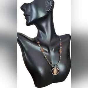 NY Tiger's Eye Stone Pendant 3 Strand Beaded Necklace